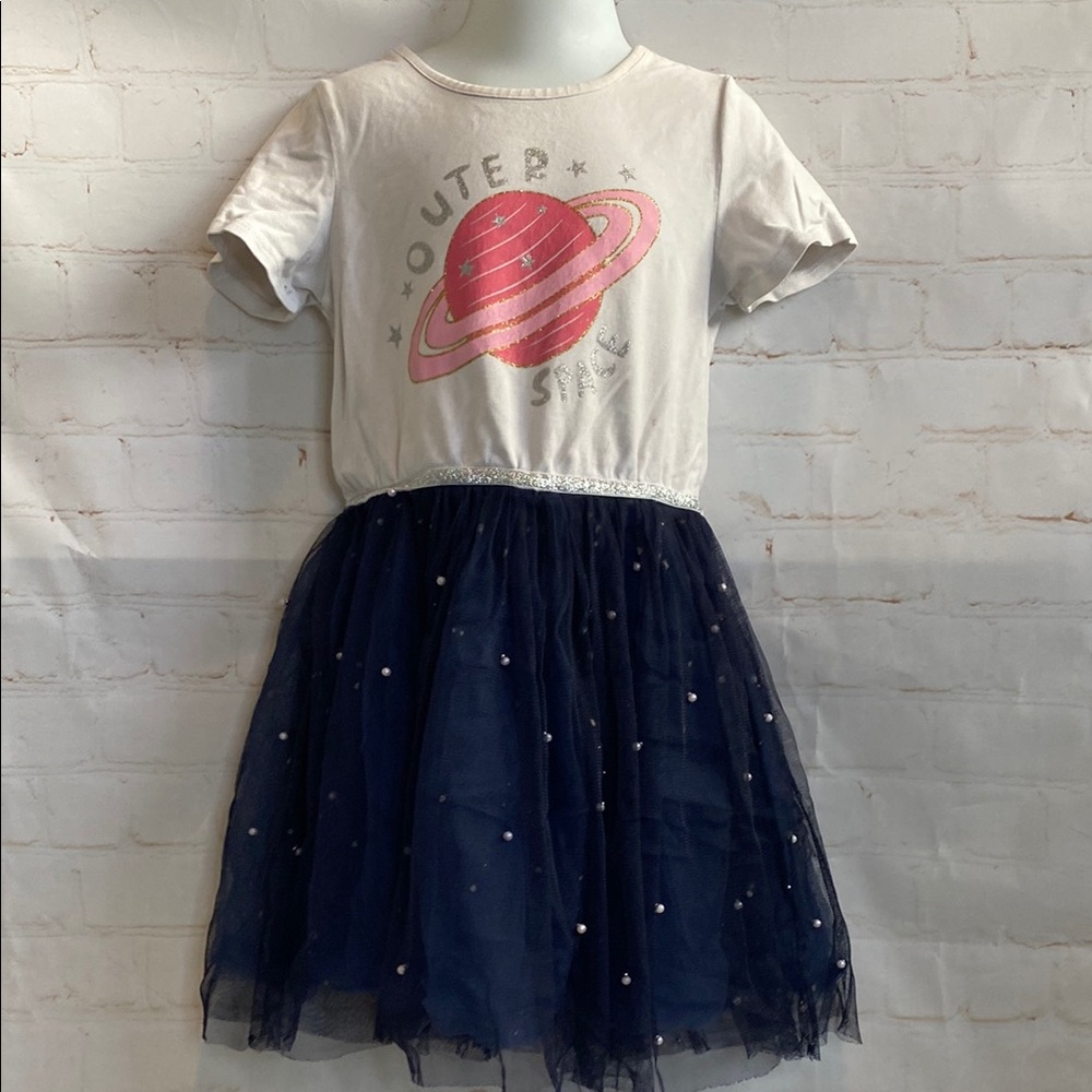 Sunny Fashion Girls Outer Space T-Shirt Dress with Navy Tulle Skirt